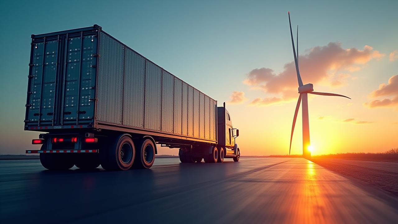 Modern EV battery pack and renewable energy infrastructure with professional freight truck silhouette