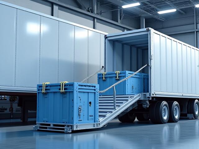 Technicians safely loading lithium-ion batteries into a secure H & Midland transport trailer