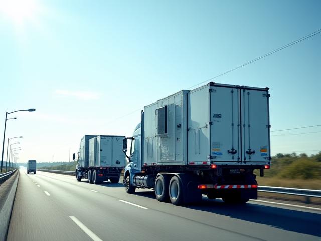 A convoy of flatbed trucks carrying industrial mechanical units