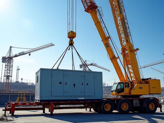 Crane unloading a heavy cooling unit from an H & Midland trailer