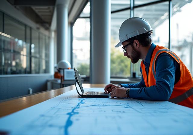Logistics coordinator reviewing blueprints and transport routes in Columbus office