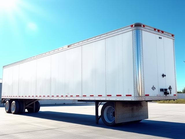 Close-up of a clean, white modern dry van trailer