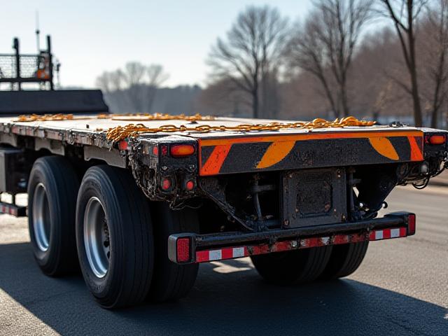A flatbed trailer secured for heavy industrial hauling