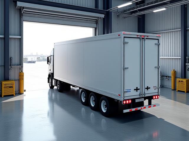 Large white semi-truck being loaded at a professional terminal