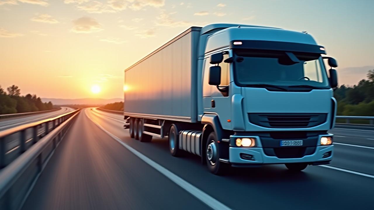 Modern H & Midland tractor-trailer fleet on a highway at sunset