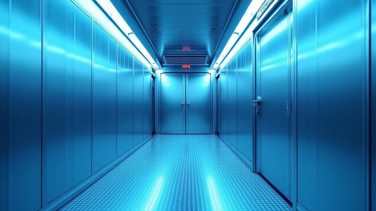 Interior shot of a pristine, stainless steel refrigerated trailer with temperature monitoring sensors